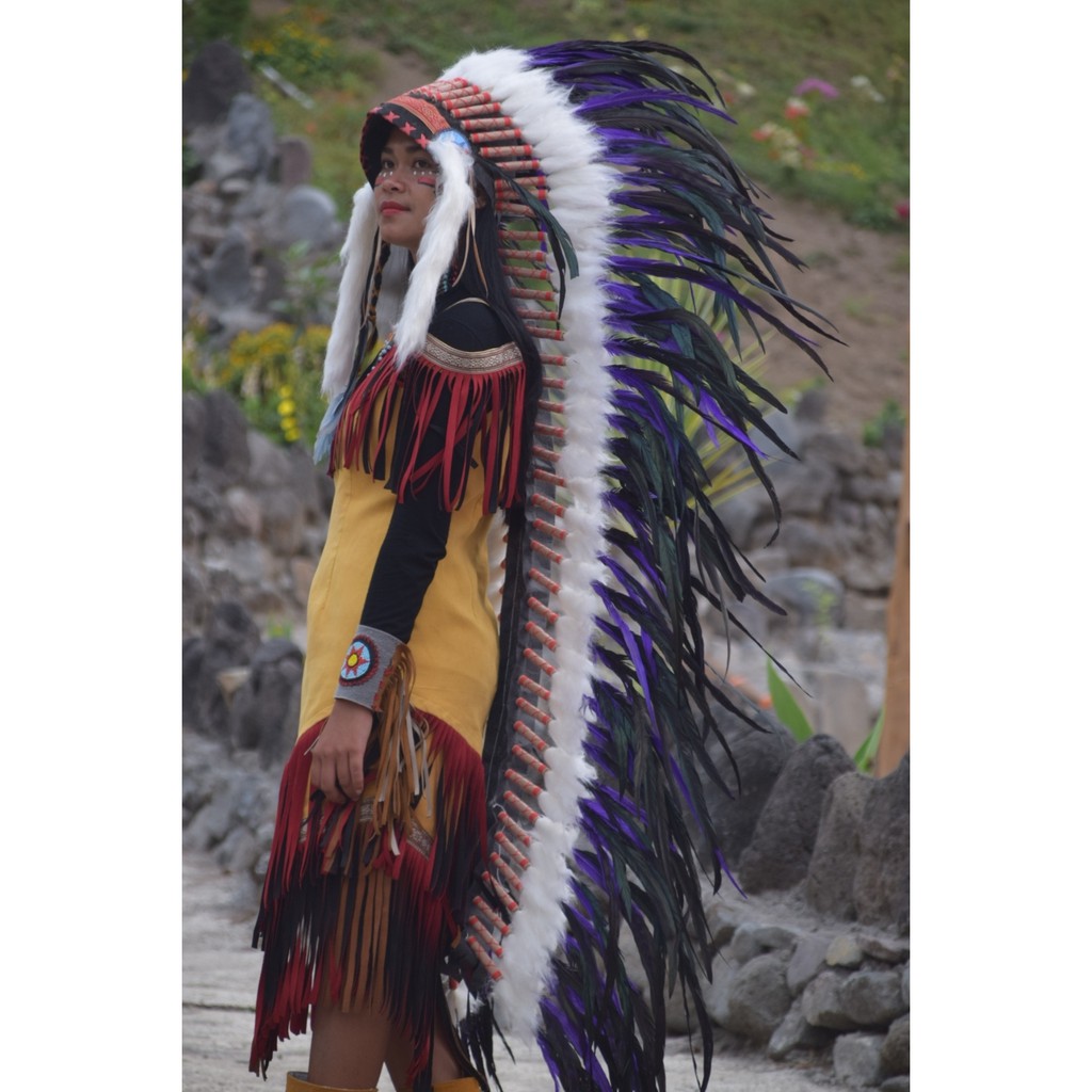 TOPI INDIAN - INDIAN HEADDRESS LONG AYAM BILABONG UNGU FUR PUTIH