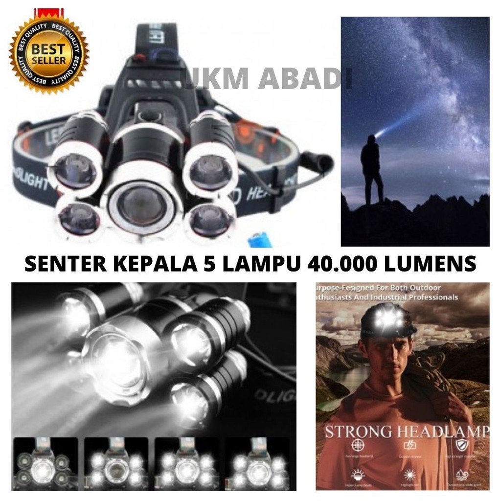 Headlamp 5 Light Lampu Senter Kepala 40.000 Lumens USB Charge 111107