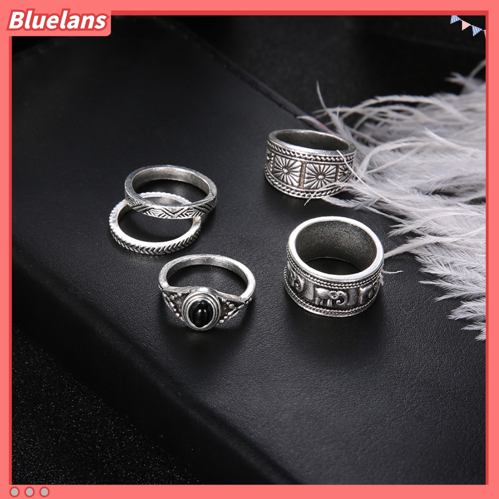 Bluelans 5Pcs Carving Elephant Round Stone Stacking Women Retro Knuckle Ring Jewelry