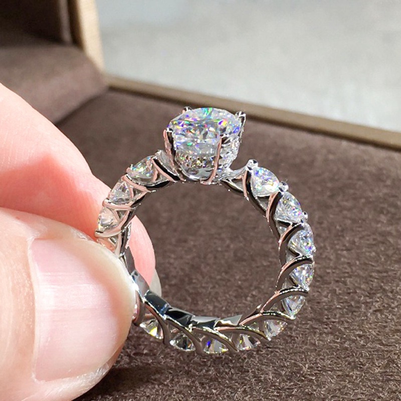 Cincin Sterling Silver 925 Hias Batu Zircon Kubik AAAAA 3CT Bulat untuk Wanita/Tunangan/Pernikahan