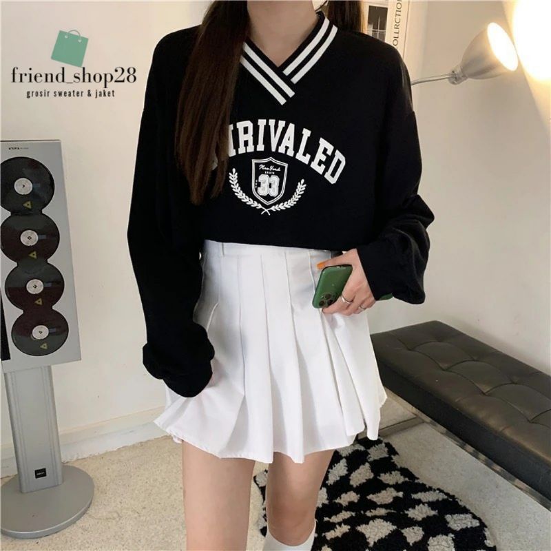 Sweater Crop Unrivaled Sweatshirt | Korean Style Sweatshirt | Pakaian Wanita | Bahan Fleece Tebal Dan Lembut | allsize-Hitam