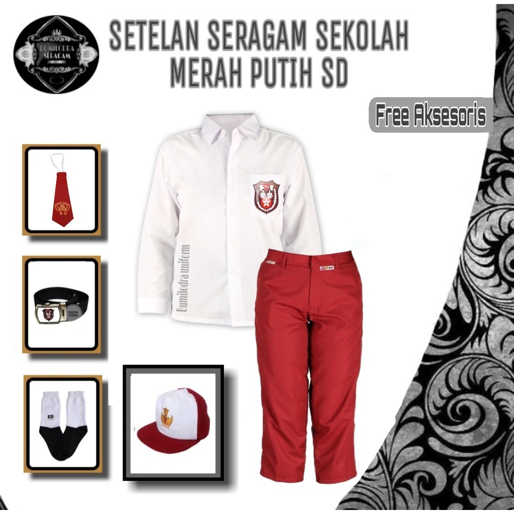 Seragam Sekolah SD Merah Putih Panjang Setelan Baju Anak Laki Laki Lengkap Bonus Topi Merah Putih SD
