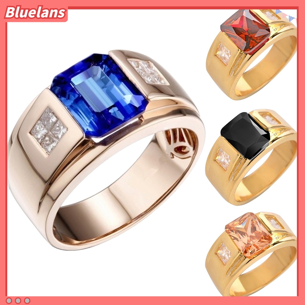 Bluelans Wedding Party Men Square Rhinestone Inlaid Wide Band Finger Ring Jewelry Gift