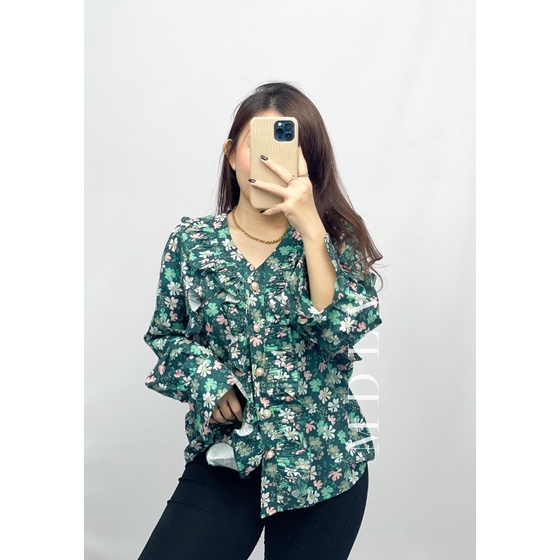 MDLV ~ 5392# Bennita Pleated Shirt Atasan Blouse Flower Korea Import