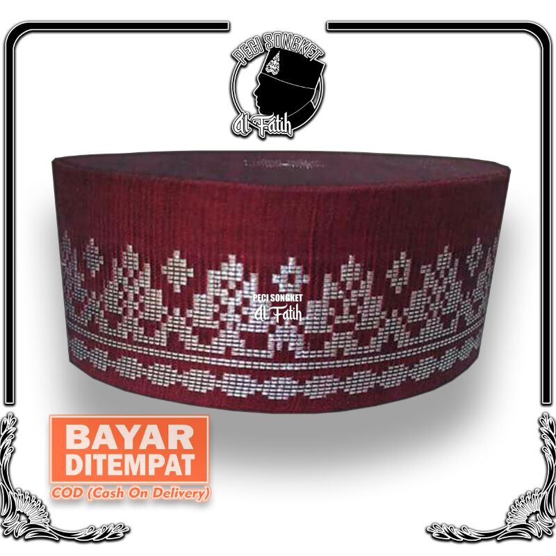 SONGKOM DEWASA MUSLIM ANAK PECI TENUN AKAD NIKAH MERAH MOTIF SILVER ELEGAN