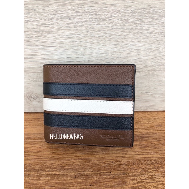 Dompet Coach original - Coach men wallet compact ID 3 in 1 varsity leather in saddle/midnight navy