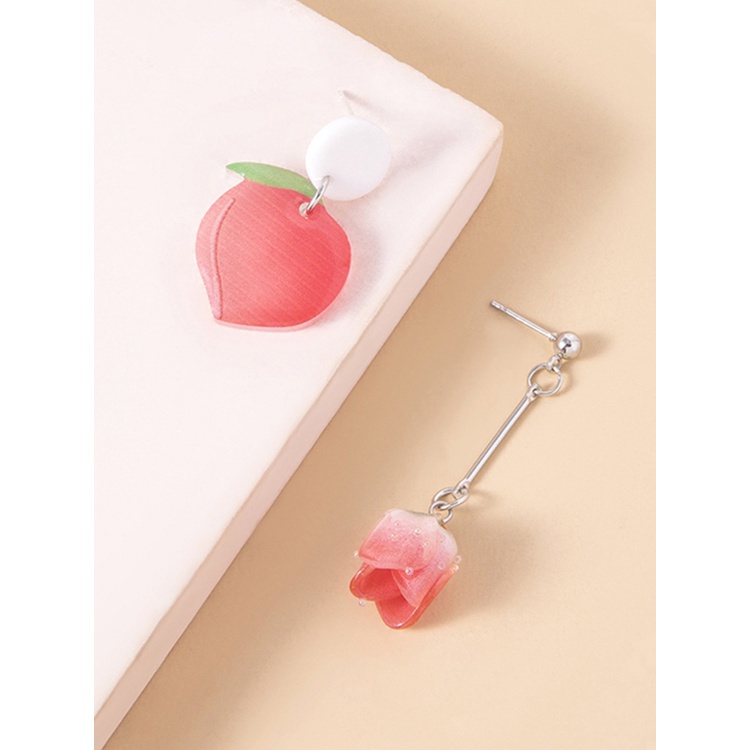 Anting Drop Bentuk Peach Warna Pink Bahan Resin Gaya Korea Untuk Wanita