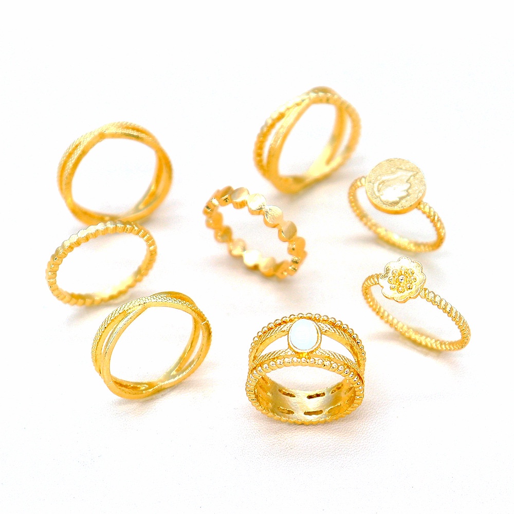 Set 8 Pcs Cincin Bahan metal Motif Bunga Salib Geometris Gaya Eropa Amerika