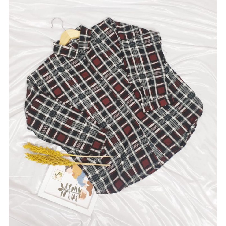 BLOUSE Bisa COD/Bayar ditempat/Gratis Ongkir  || Blouse TARTAN LENGAN BALON MIZU KOREAN STYLE | KEMEJA FLANEL WANITA NUMMA/KEMEJA CROP LENGAN PANJANG TARTAN-Kimberly Maroon