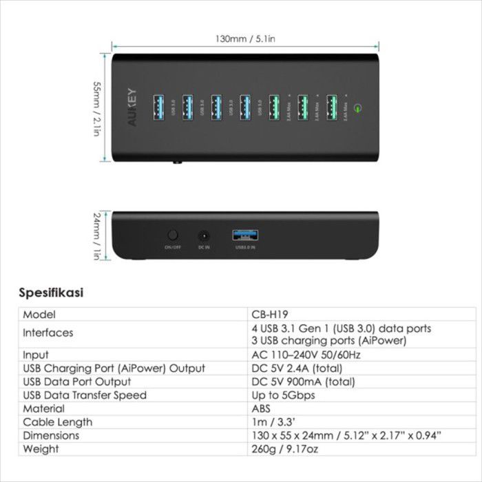 Aukey USB Hub with 3 Charging Ports &amp; 4 USB 3.0 - CB-H19 - 500933