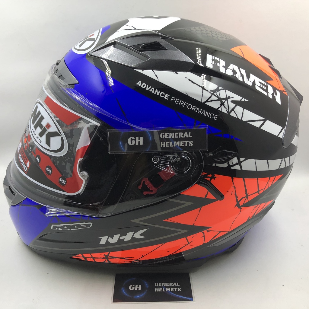 HELM NHK RX9 MOTIF RAVEN BLACK BLUE ORANGE DOUBLE VISOR FULL FACE
