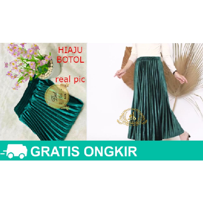 Rok Bludru Velvet Panjang Plisket Premium-ROK Pjng Hijau Botol