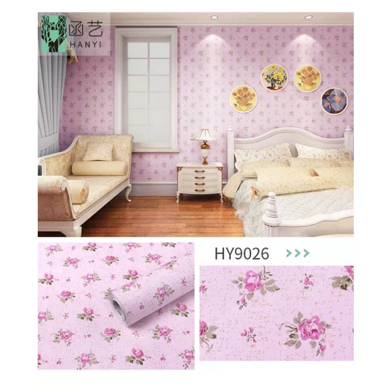 WALLPAPER DINDING MOTIF BUNGA PINK KECIL 10m x 45cm