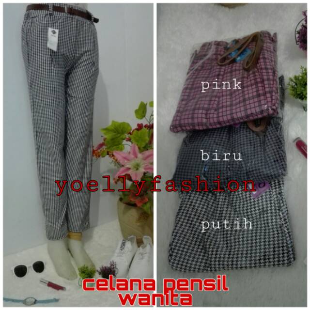  Celana  pensil dewasa motif kotak  baggy  pant  plus tali 