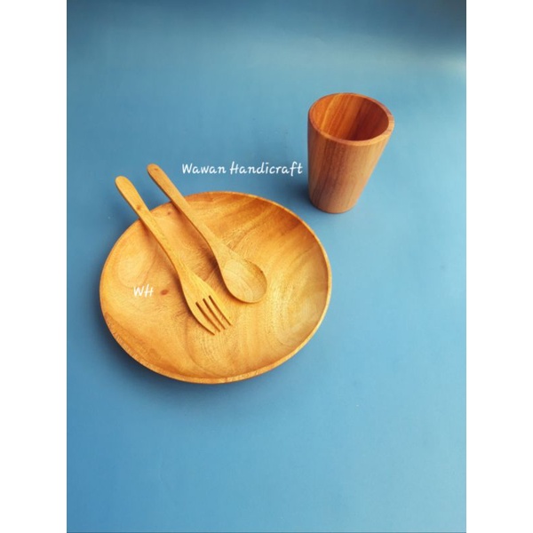 piring kayu/piring liuk 20cm/set alat makan/piring,gelas, sendok garpu kayu mahoni