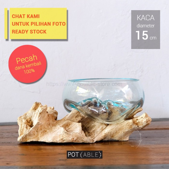 Mangkok Kaca - Glass On Wood Bowl - Size M / Pot Kaktus / Vas Kaca / Pot Kecil
