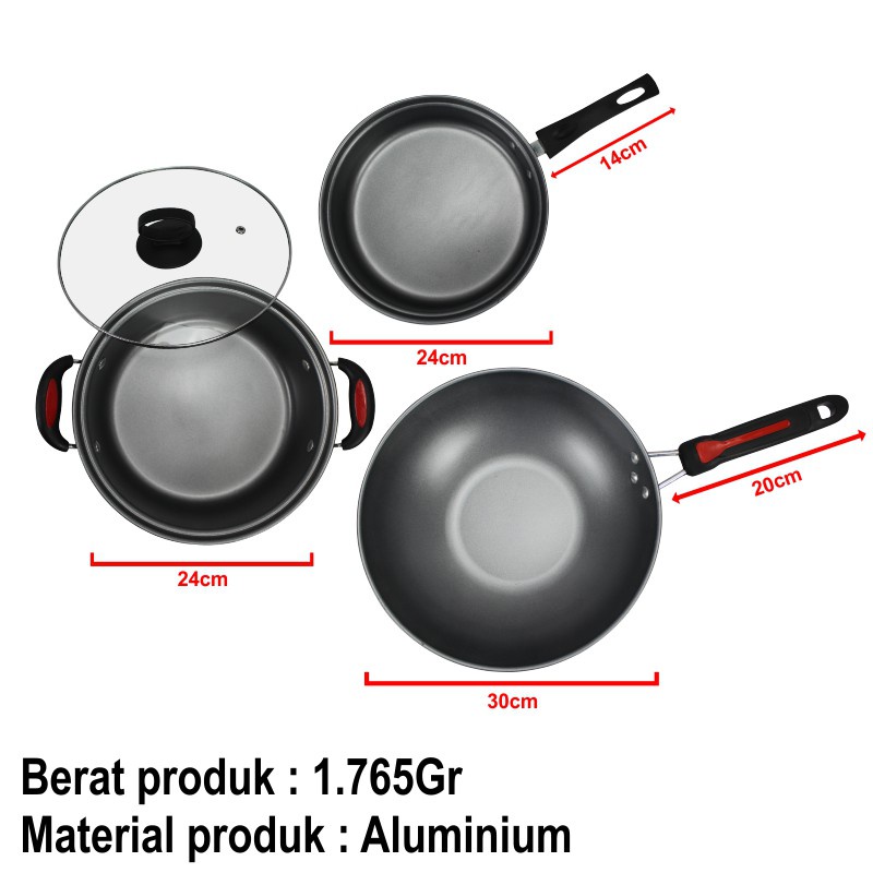 SEGERA MILIKI!! Panci Wajan Teflon Set isi 3 pcs Teflon Penggorengan Set Wok Pan Panci Serbaguna Bisa Untuk Kompor Induksi Free Tutup Kaca Ibu-ibu wajib punyaTG-5