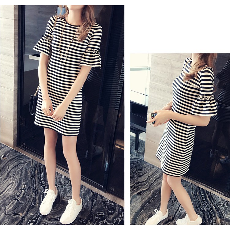 Dress Casual Fashion Lengan Melebar Rok Motif Garis Lengan Pendek Korean Style Rok Tampak Kurus