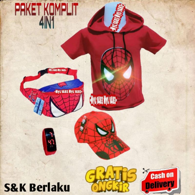 Baju anak led hoodie karakter spiderman gratis tas selempang jam topi bordir paket hemat  kaos murah