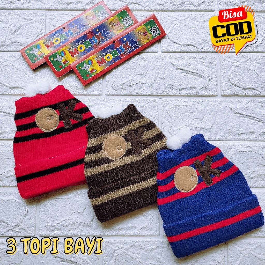 3 PCS Topi Bayi 3 Warna OK / Kupluk Rajut Bayi Baru Lahir Newborn Meyriana Collection