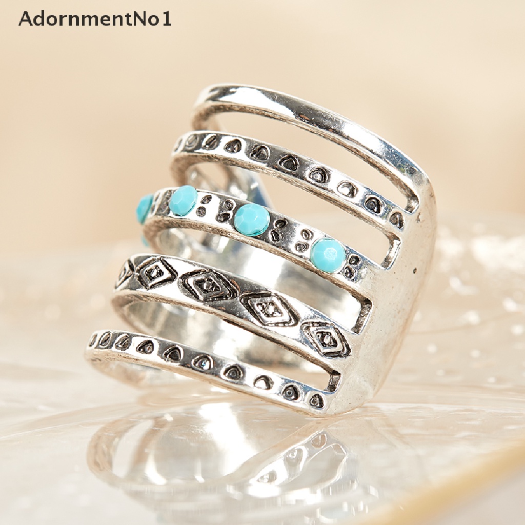 (AdornmentNo1) Cincin Silver Multilayer Gaya Bohemian Aksen Hollow + Turquoise Untuk Perhiasan Pria / Wanita