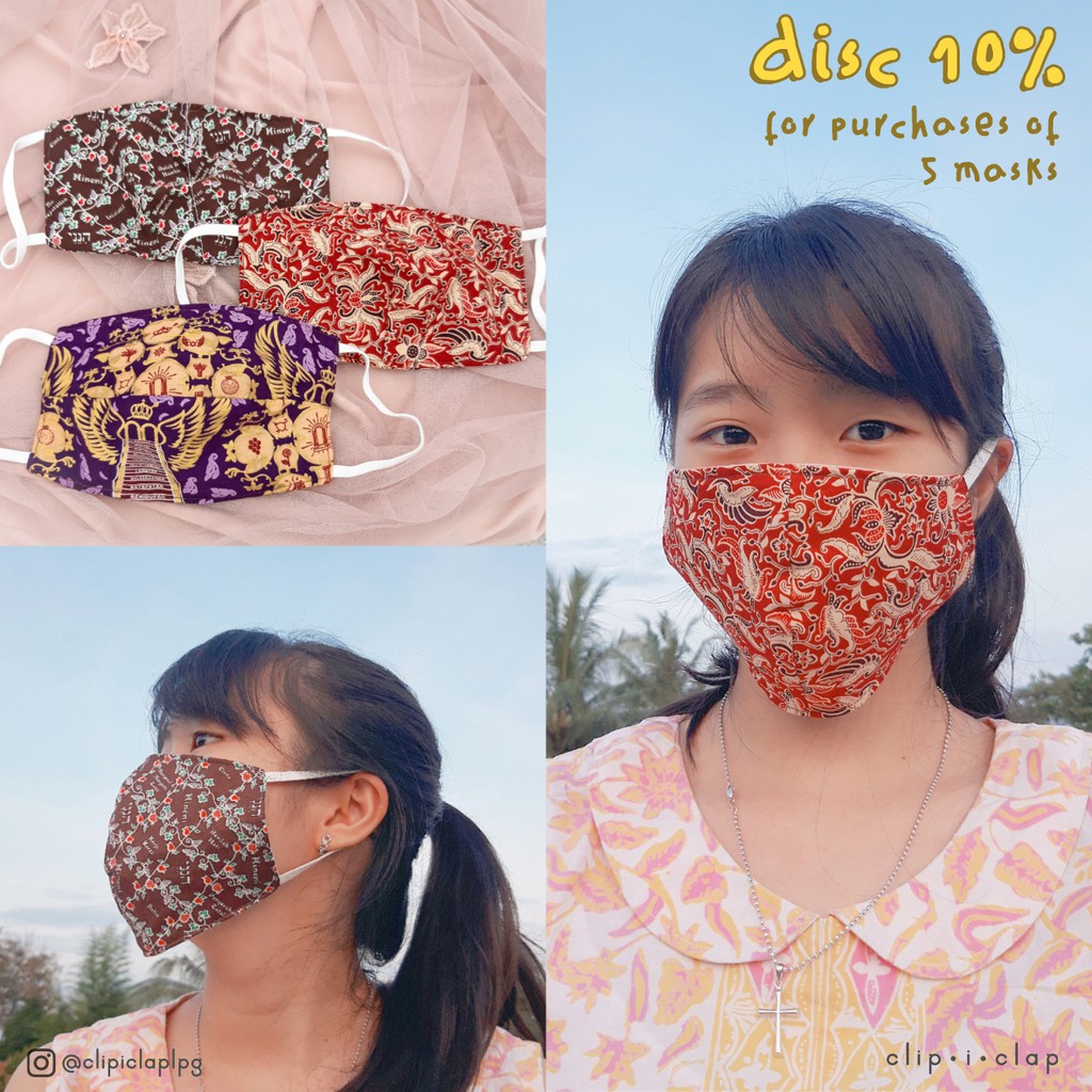 Masker Kain Katun 2 Lapis Earloop Non-Medis Wanita/ Pria (Unisex) Motif Batik Merah Ungu - Clipiclap