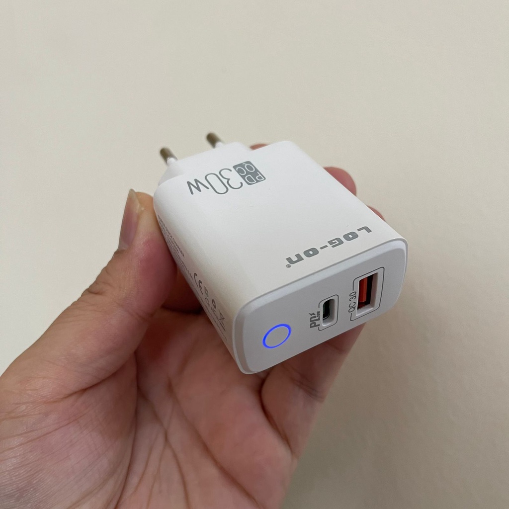 CHARGER LOG ON SUPER QUICK CHARGER HERO PD 30W LO-CPD300  SUPPORT PD 30W, QUICK CHARGE 4.O , 3.0 , 2.0 TOTAL OUTPUT 30W, DUAL PORT OUTPUT (USB A &amp; USB C) PENGISIAN SUPER CEPAT CAS HP IPHONE 58% DALAM 30MENIT