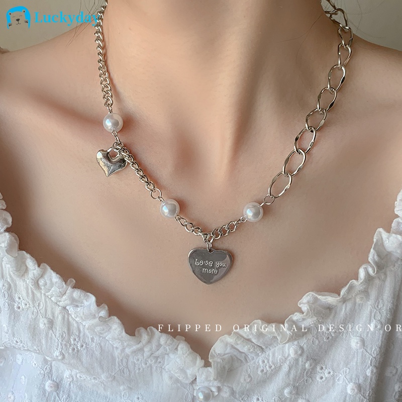 YEEZII Kalung Rantai Choker Liontin Hati Aksen Mutiara Warna Silver Untuk Wanita