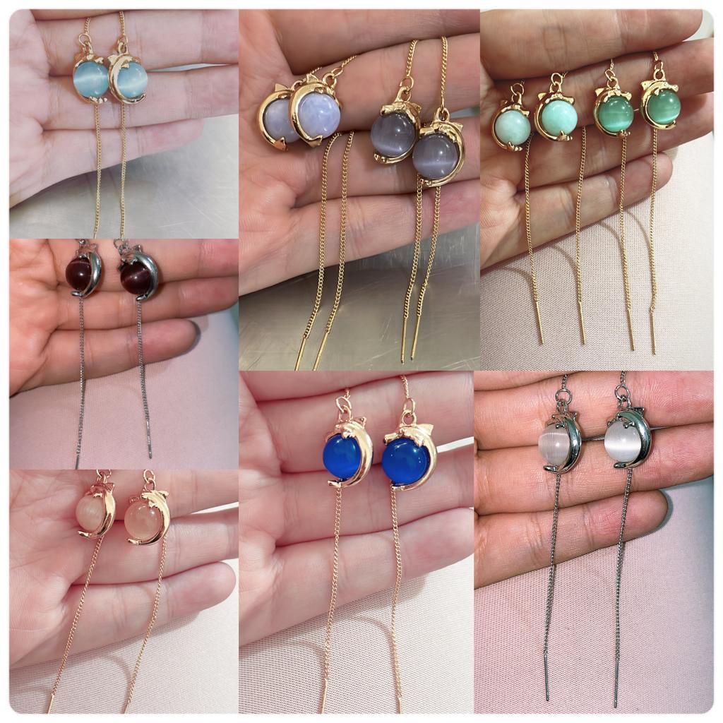 F4 ANTING anting panjang warna emas silver lumba lumba seperti giok bulat warna warni unik lucu