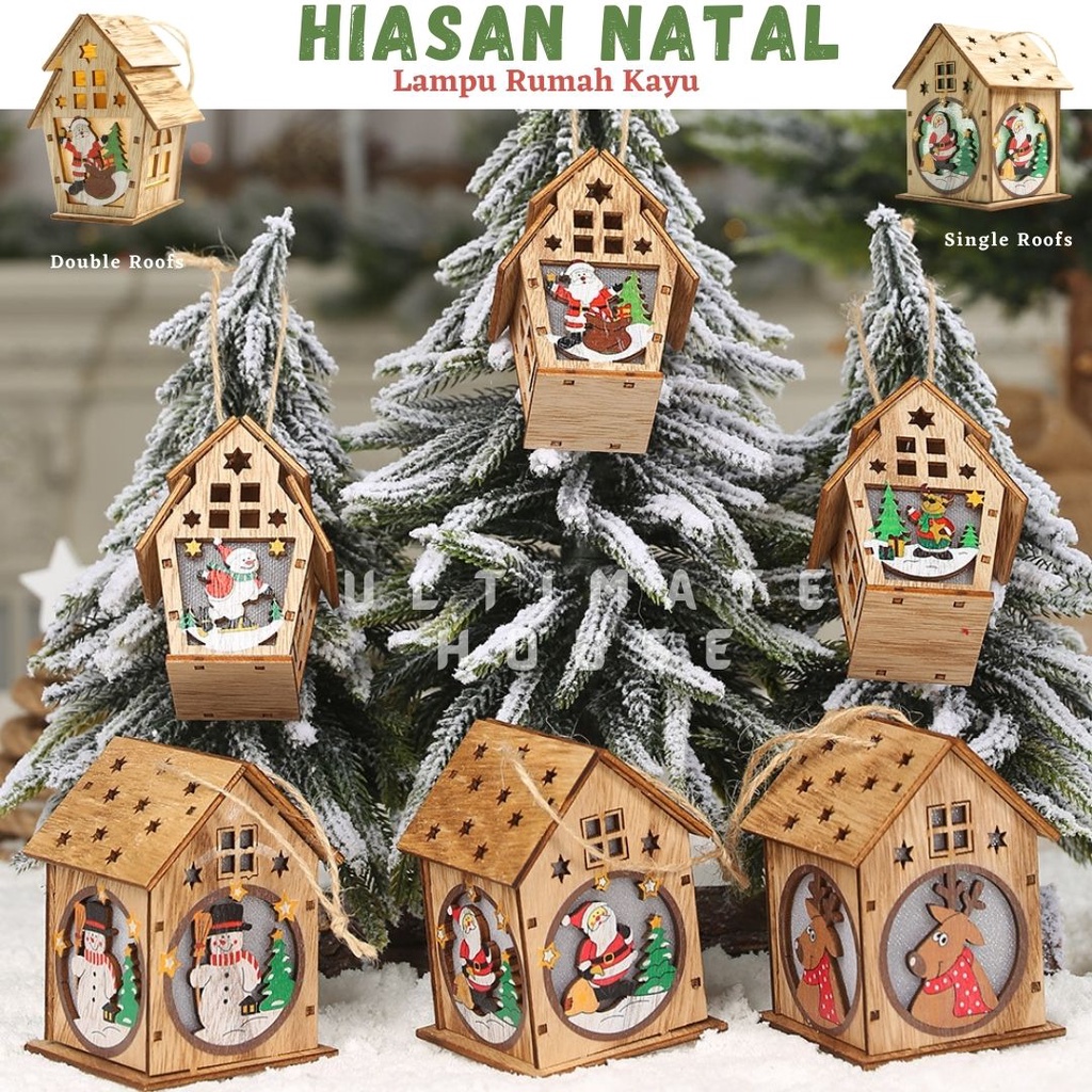 Hiasan Natal Rumah Kayu Lampu Christmas Hiasan Pohon Natal Wooden House LED