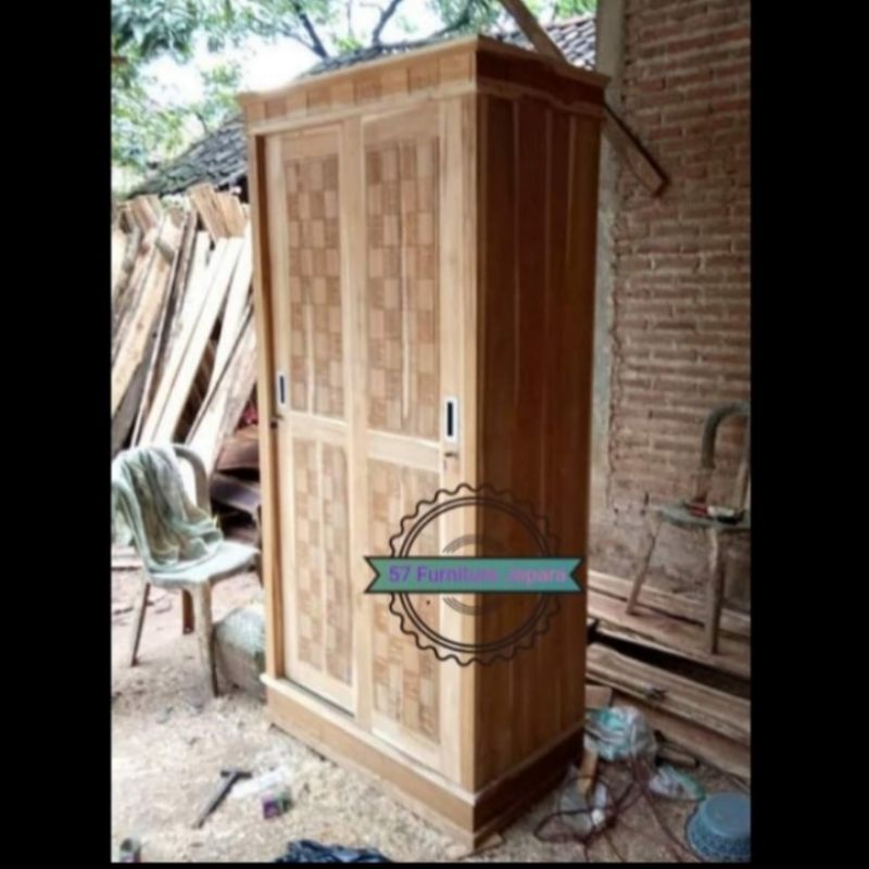 Lemari pakaian jati mentahan 2 pintu sliding ukir jepara