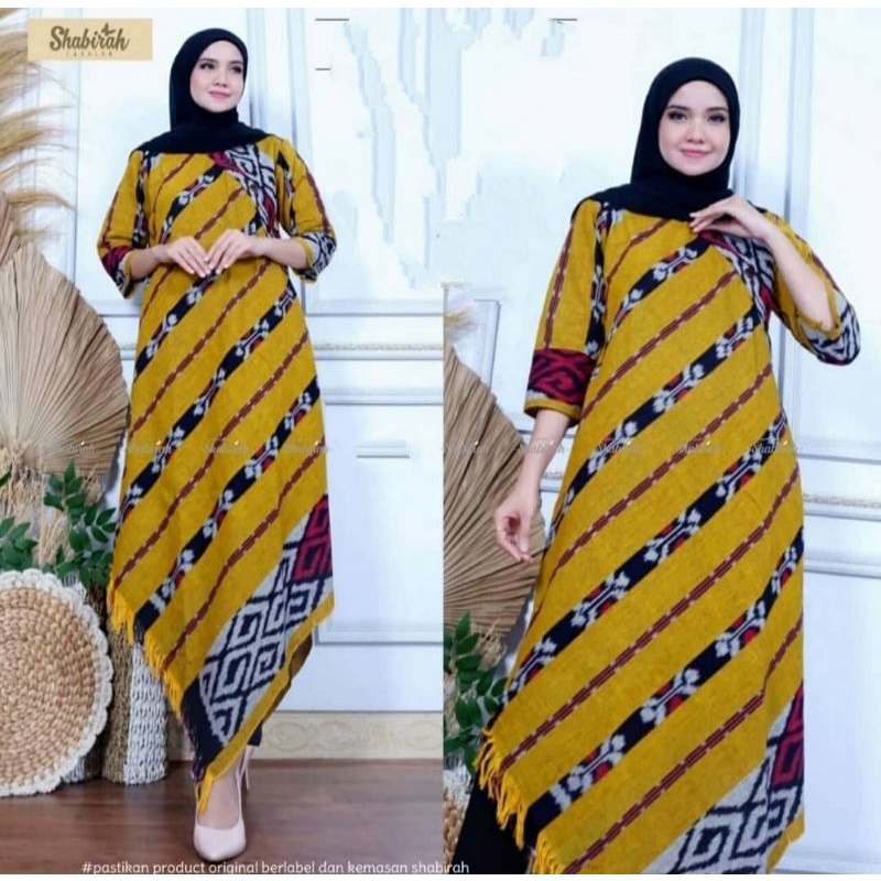 gamis tenun asimetris - gamis tenun modern - baju tenun wanita - dress tenun etnik - gamis tenun kek