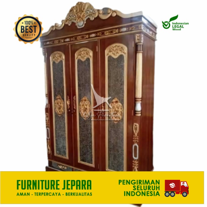 LEMARI BAJU 3 PINTU KAYU JATI ASLI - LEMARI PAKAIAN PINTU 3 UKIRAN