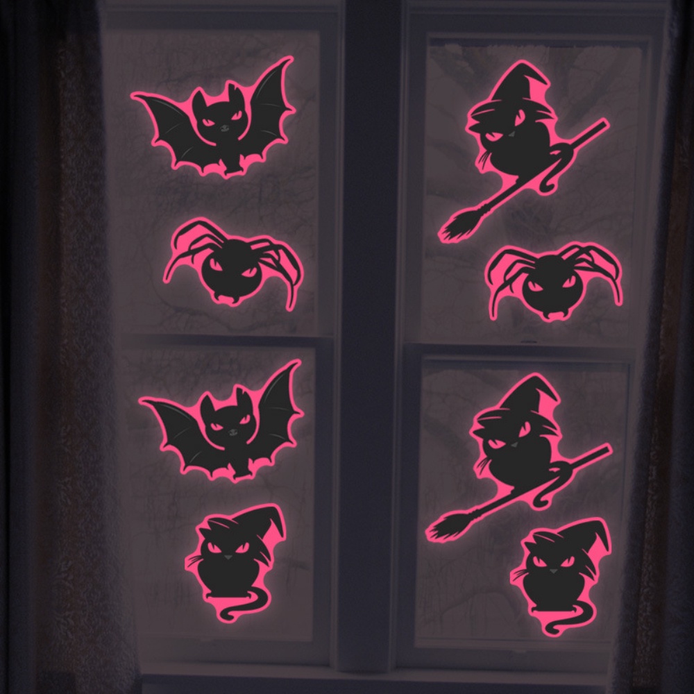 Stiker Dinding Desain Kartun Kucing Glow In The Dark Warna Pink Untuk Dekorasi Halloween