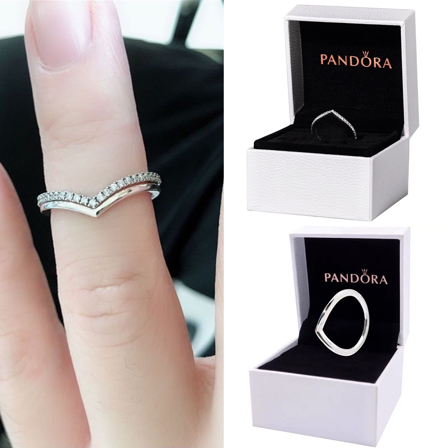 Pandora Cincin 925 Silver Bentuk V Aksen Berlian Cubic Zirconia Gaya Klasik Untuk Pernikahan