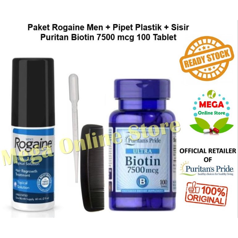 Paket Rogaine Men Minoxidil 60 ml + Puritan Biotin 7500 mcg 100 Tablet