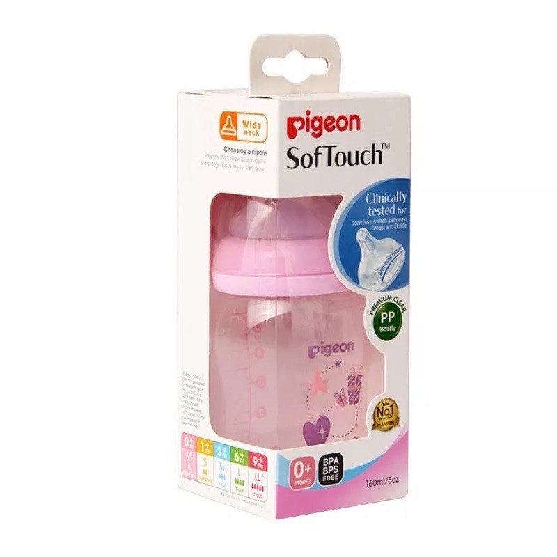 Pigeon Botol Susu SofTouch Peristaltic Plus PP Clear Wide Neck Bottle 0+ Bulan Pink 160ml 240ml