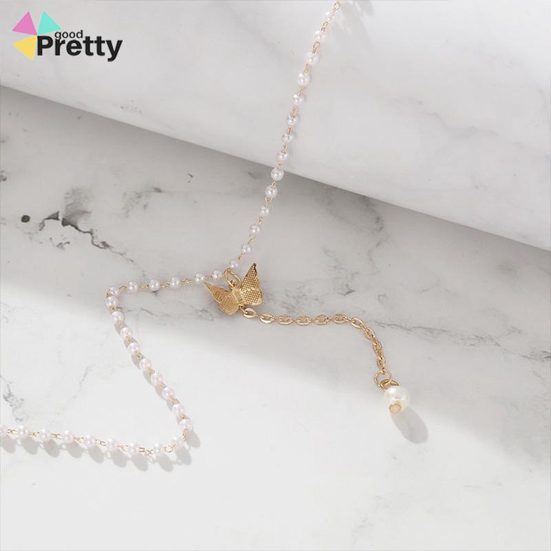 Retro Butterfly Pearl Kalung Lembut Gadis Kecil Cinta Liontin Kalung Rantai Klavikula - PD