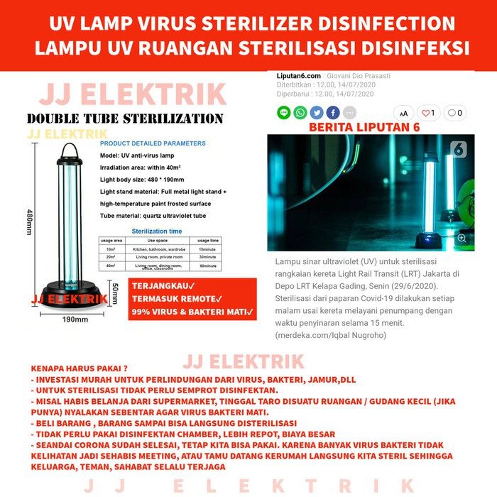 Virus STERILIZER UV Lamp / Lampu Sterilisasi Disinfeksi pembunuh Virus