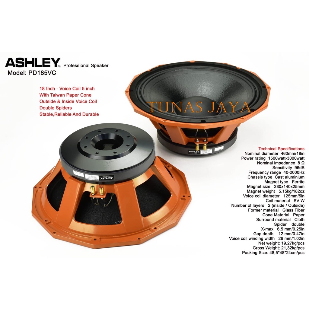 KOMPONEN SPEAKER ASHLEY PD 185 VC  PD185VC 18 INC COMPONENT ORANGE  ORIGINAL