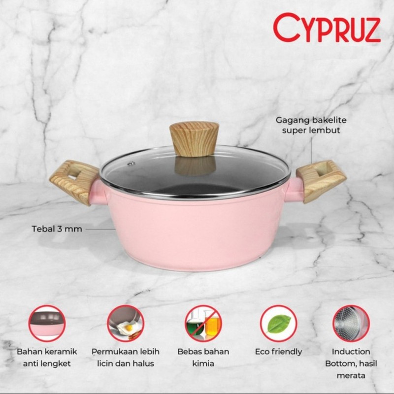 Cypruz Pink Ceramic White Wood Handle Series Sauce Pan + Lid 24 Cm PI-0801