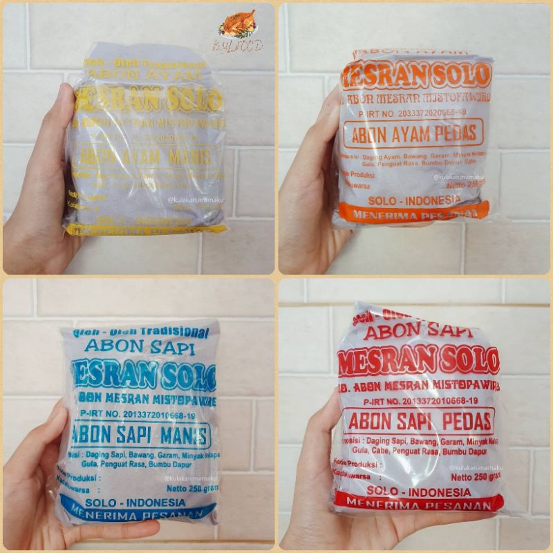 

ABON SAPI / ABON AYAM ASLI, ABON MESRAN SOLO. ABON MESRAN MANIS / PEDAS, 100 G / 250 G