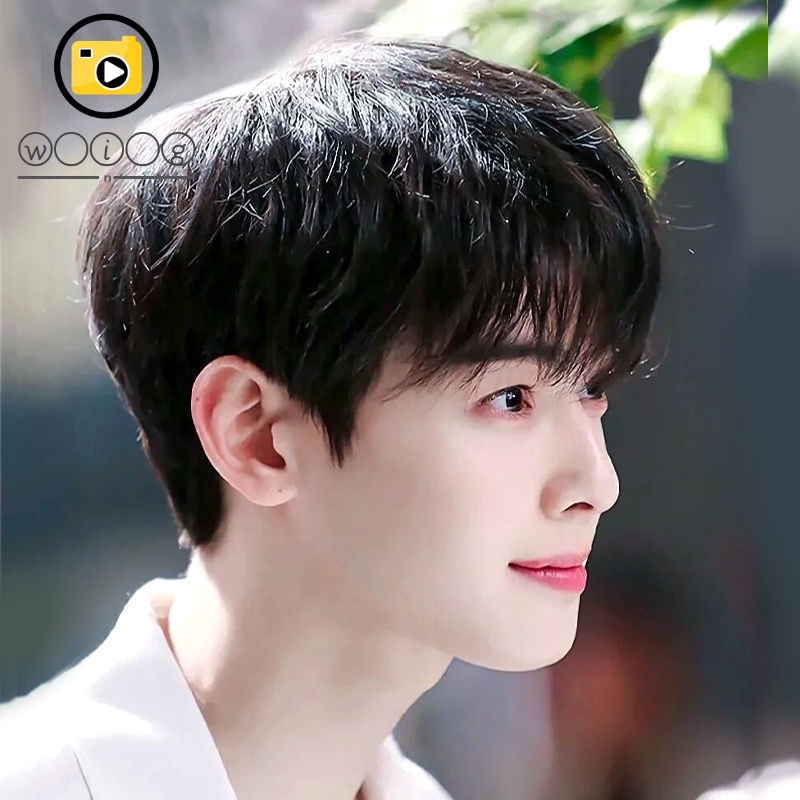 （Produk tersedia dan stok cukup）Wig rambut pendek lurus pria versi Korea poni tampan dan miring gaya