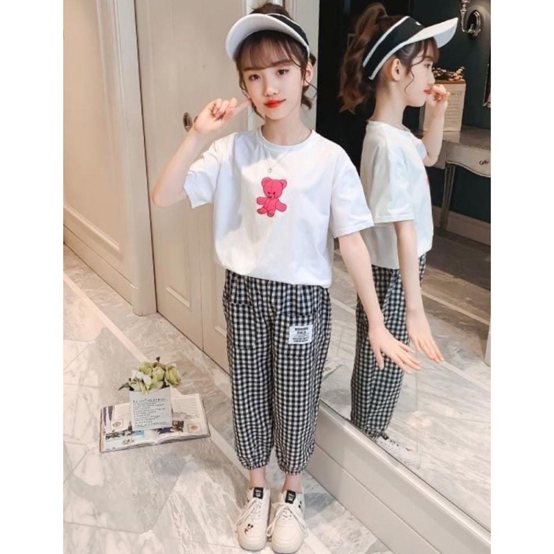 SETELAN ANAK IMPORT 7-10THN/ FASHION ANAK IMPORT KOTAK KOTAK/ BAJU ANAK KOREA/ SETELAN IMPORT CELANA