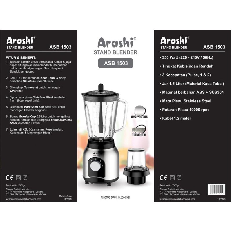 Arashi Blender ASB 1503 JAR 1.5L Bahan Kaca + Glinder 0.5L