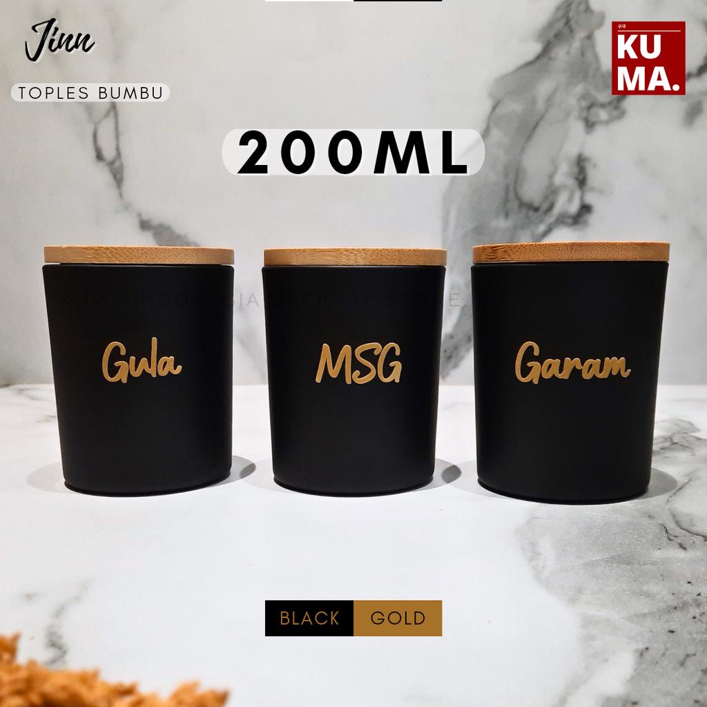 KUMA Jinn Toples Bumbu Dapur Kaca 200ml Tutup Kayu Bambu Black Gold Aesthetic Bahan Keramik Kaca Bamboo