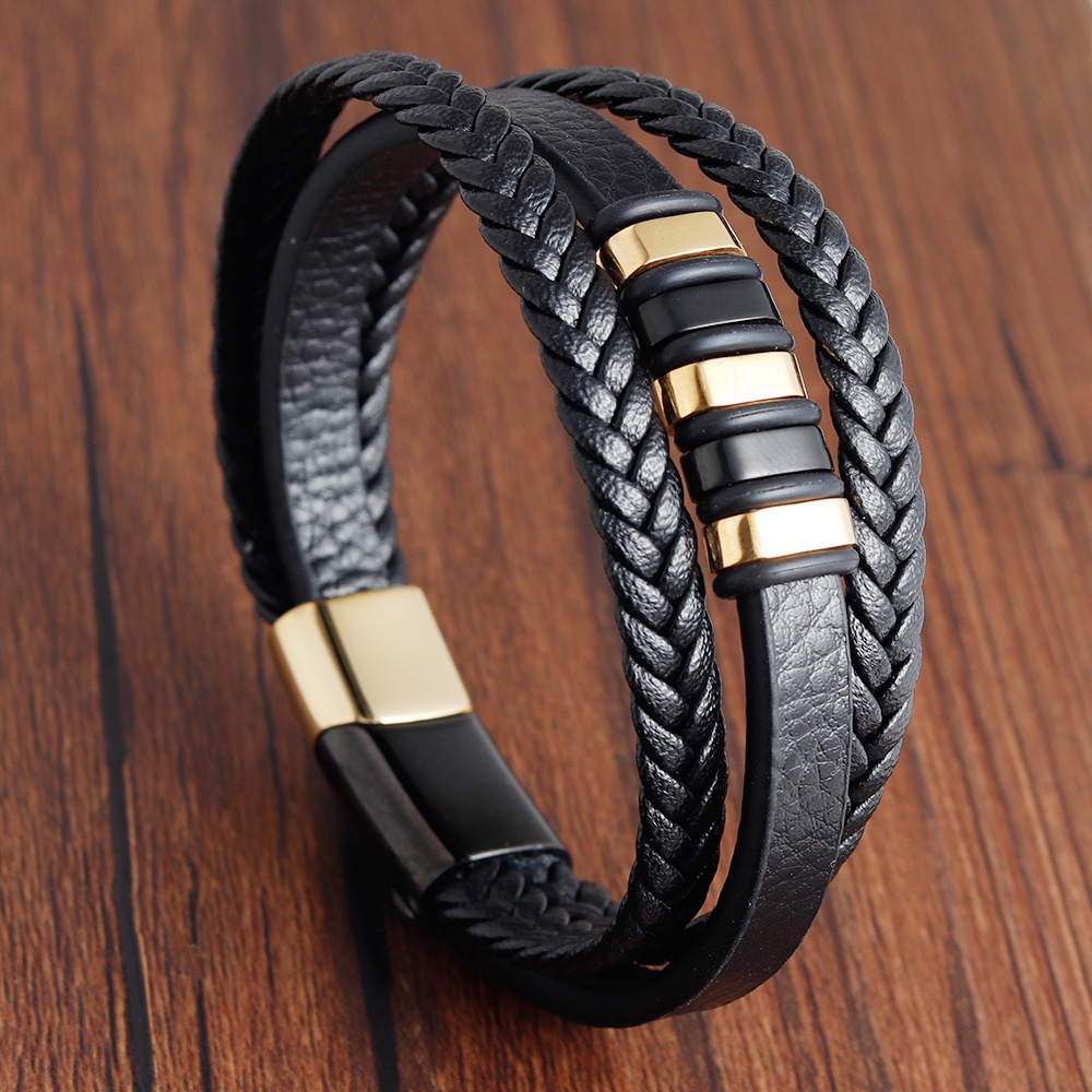 Gelang Multilayer Bahan Kulit Dan Stainless Steel Warna Emas Untuk Pria