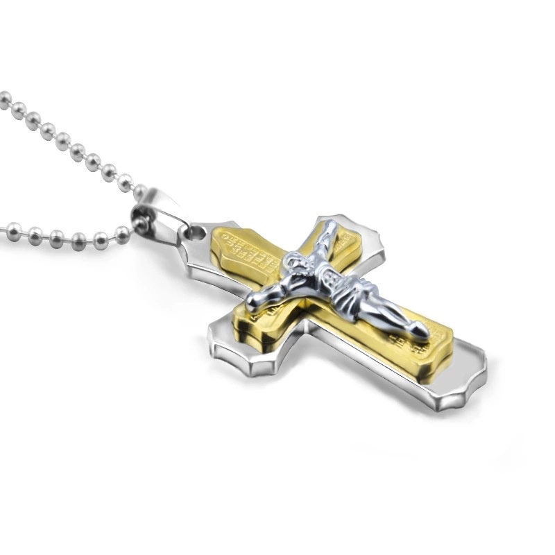 The Dark Knight Same Style Men's Crystal Cross Pendant Silver Gold Black Stainless Steel Cross Pendant Necklace