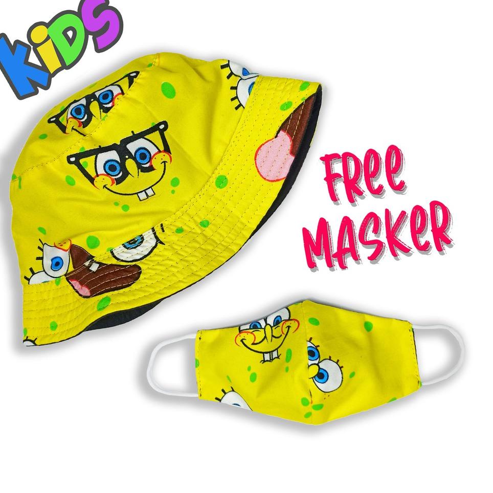(E-UOE> (♫♪> Topi Bucket Hat Anak Spongebob Kuning FREE MASKER Laki-Laki Cowok balita Kids Motif Kid