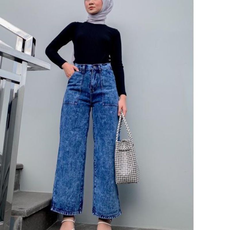 Terlaris HIGH WAIST KULOT JEANS WANITA SNOW CELANA AMBER JINS SAKU DEPAN
